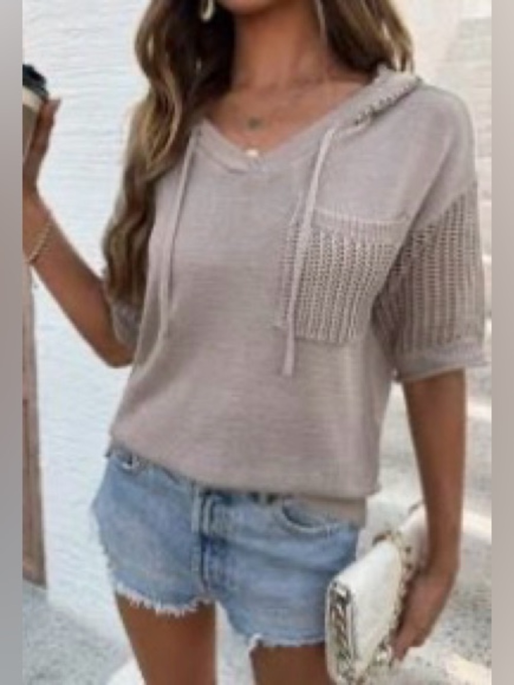 Women’s Stone Colored Knit Hooded Short Sleeve Lightweight Sweater